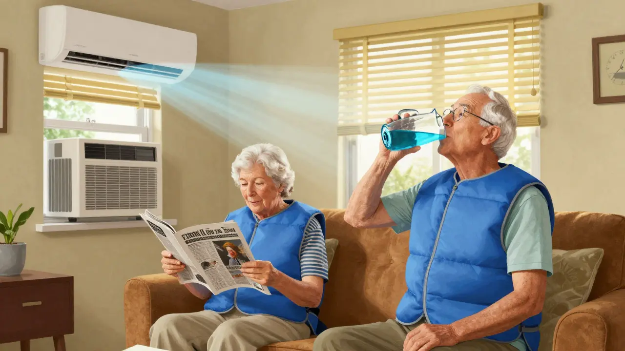 Elderly couple using cooling vests and hydration to manage heat intolerance