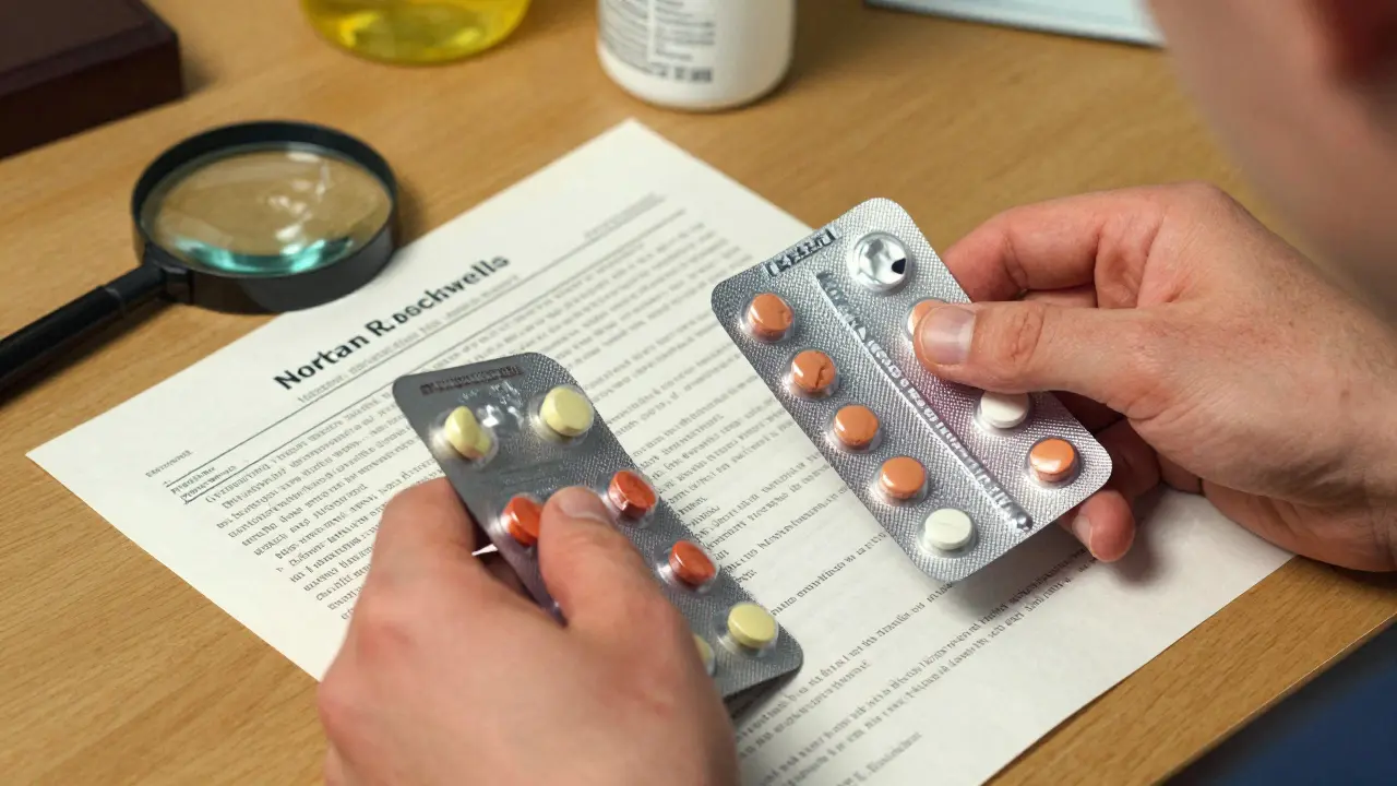 Hands inspecting medication packaging for signs of counterfeiting