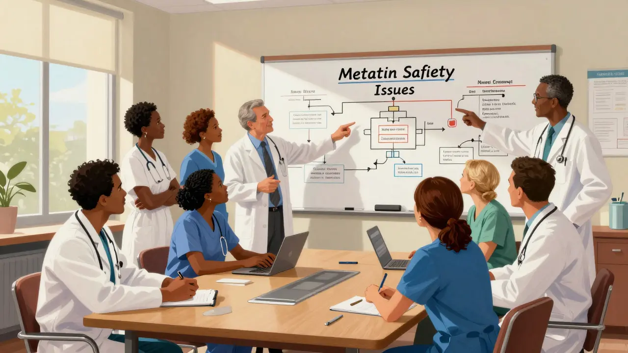 Healthcare team collaborating on safety plans in bright meeting room