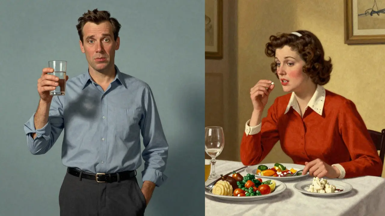 Illustration contrasting taking meds with food vs empty stomach