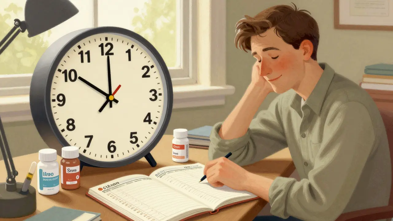 Person organizing daily pill schedule with clock to separate medications