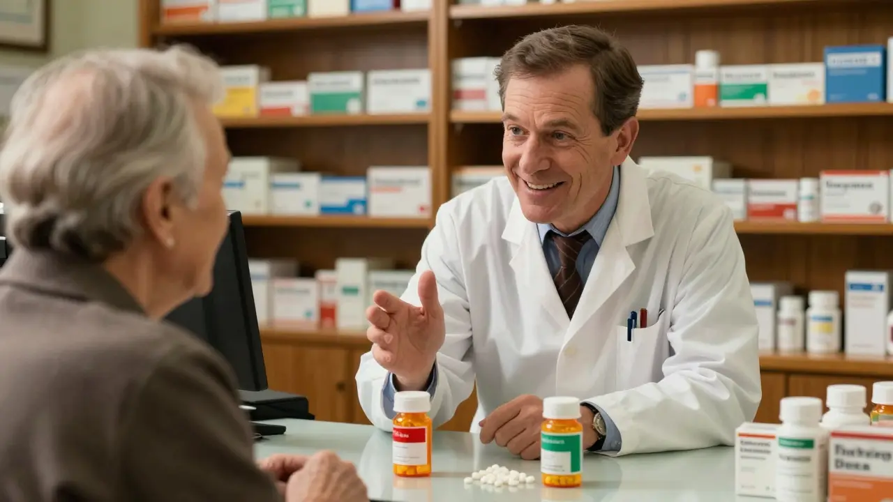 Pharmacist advising customer on medication timing