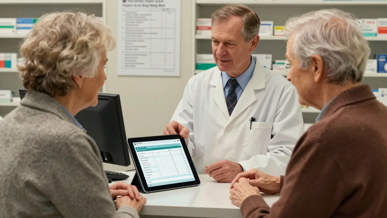 Pharmacist explaining meds to seniors with digital aid in warm clinic setting