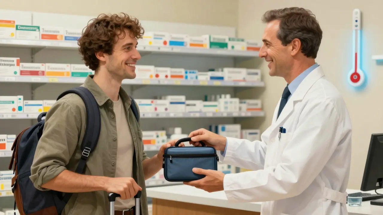 Pharmacist gives traveler an insulated case for their inhaler
