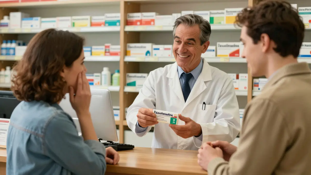Pharmacist handing discounted generic allergy meds to happy customer