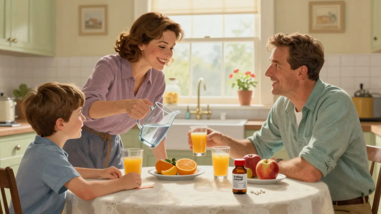 Woman serving water instead of juice with allergy pills on table