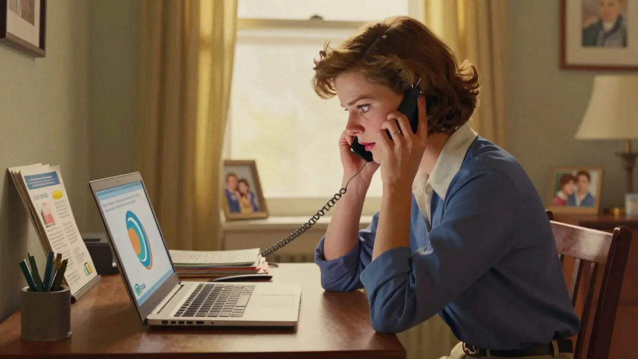 Woman verifying online pharmacy safety on a computer