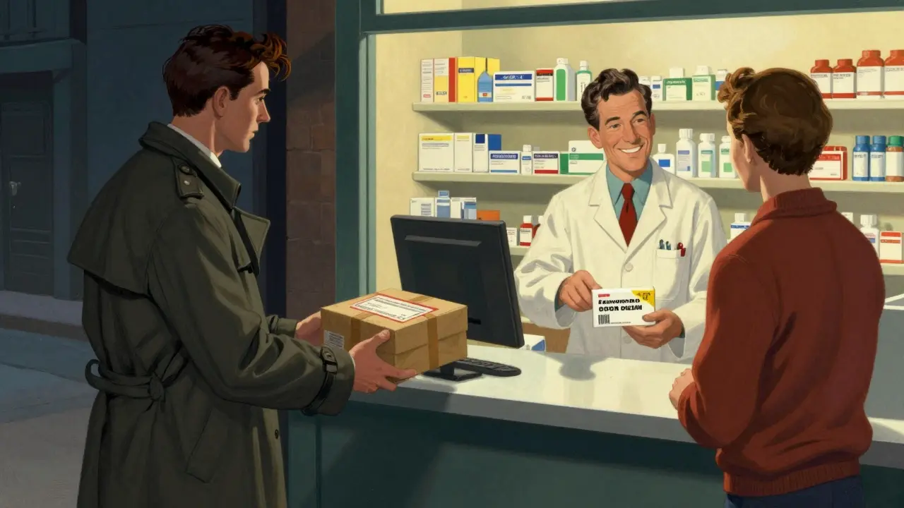 Contrast between shady drug dealer and safe pharmacy