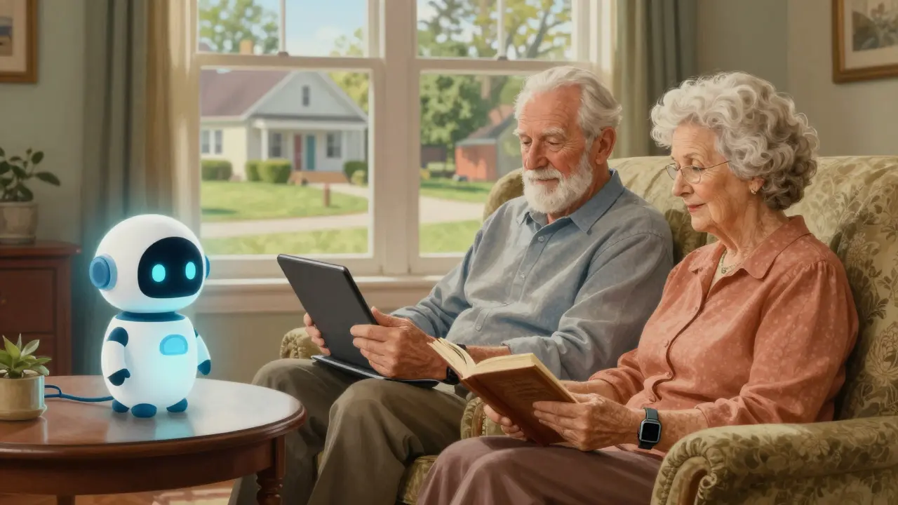 Couple using smart devices for health monitoring in a cozy living room.