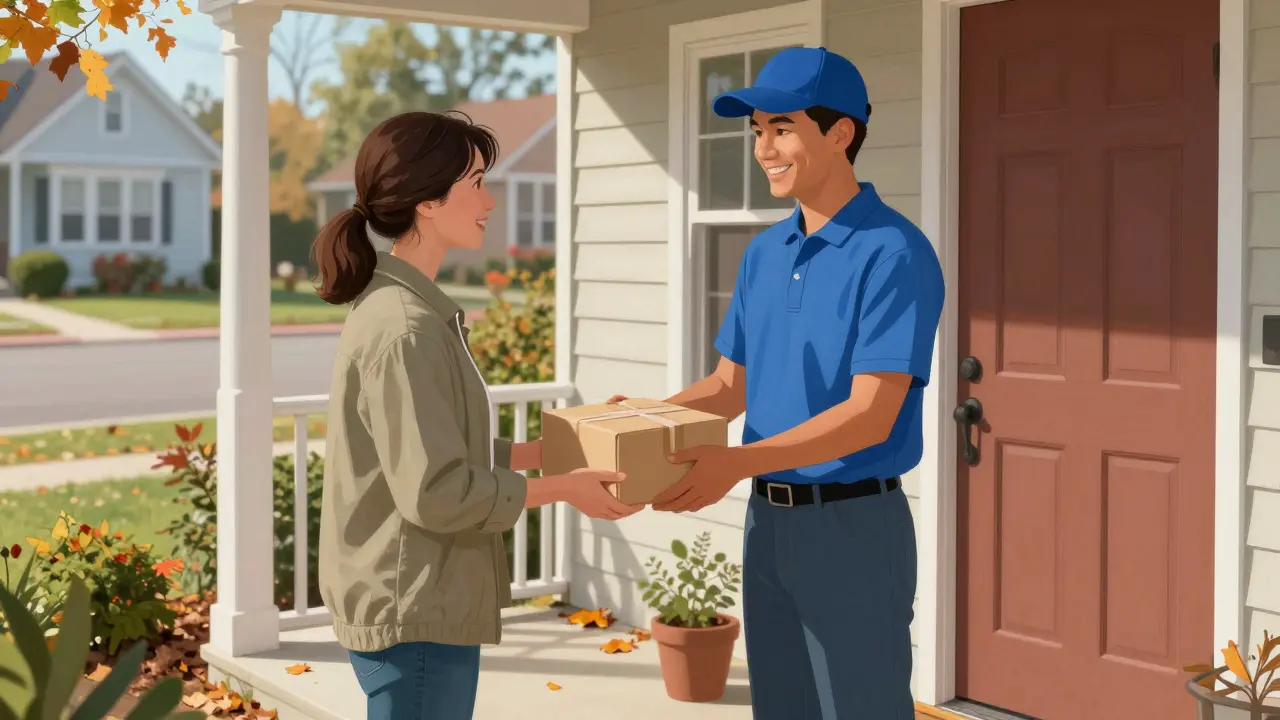 Delivery person handing medication package to grateful customer at door
