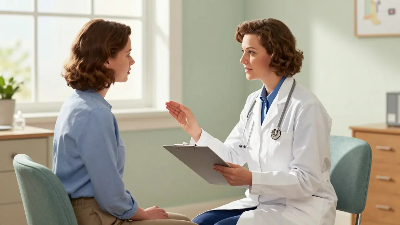 Doctor comforting pregnant patient during consultation in office
