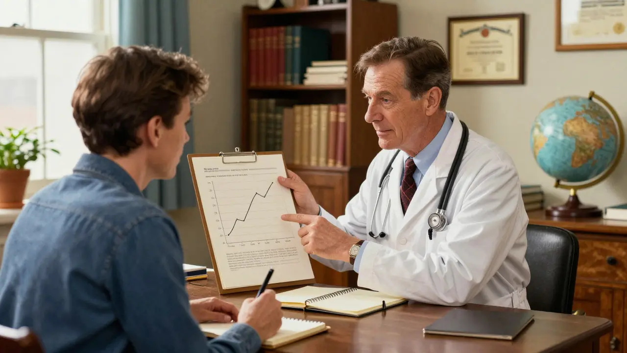 Doctor explaining health charts to a patient in a cozy office.