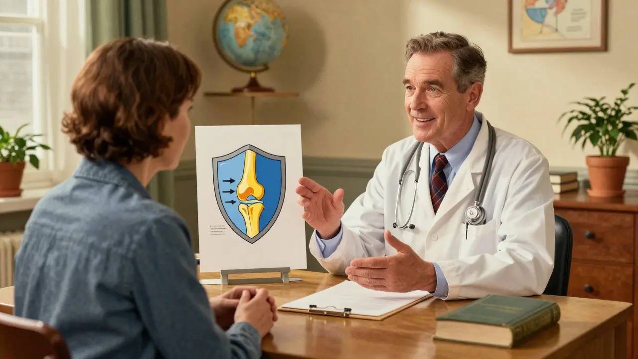 Doctor explaining treatment with a protective shield diagram