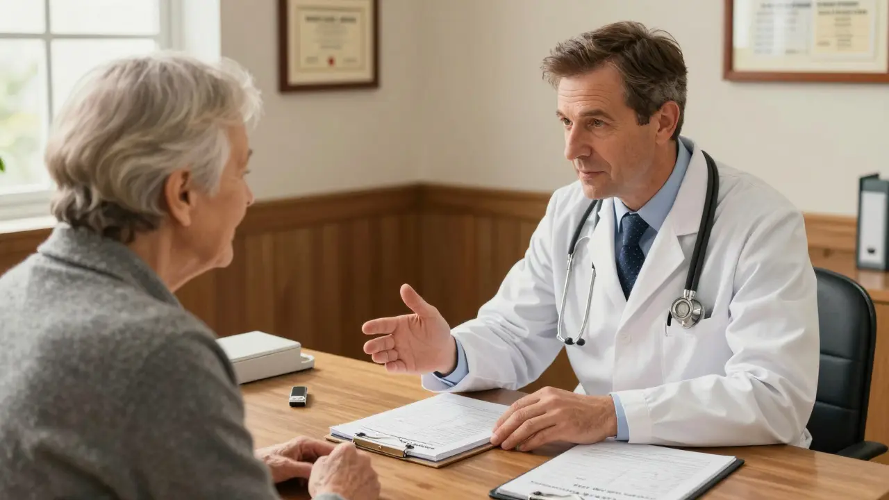 Doctor reviewing a pain diary with a patient during a medical consultation
