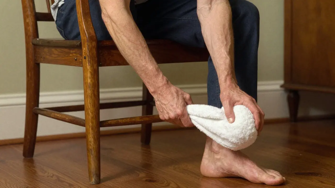 Individual performing towel stretch for plantar fasciitis relief