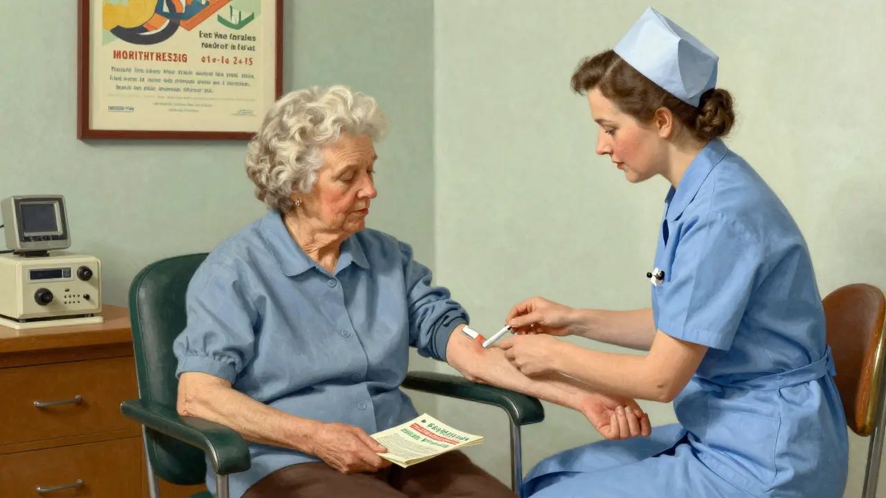 Nurse drawing blood from elderly woman in medical office