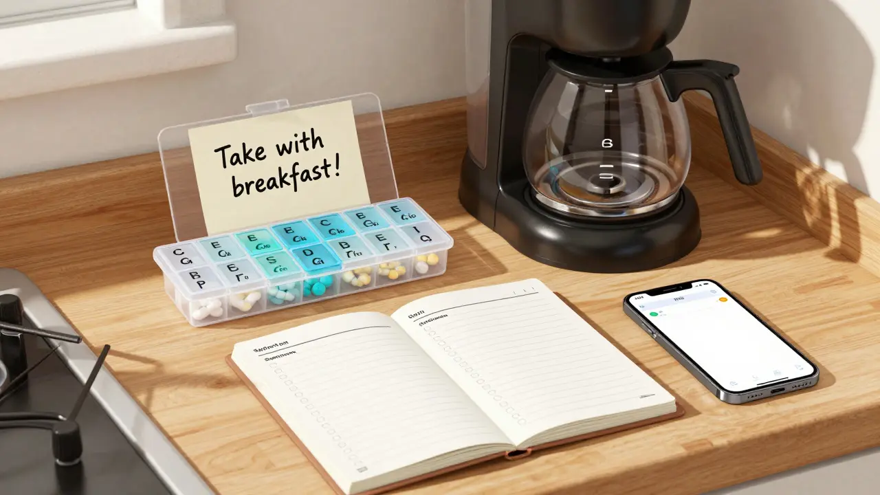 Organized kitchen counter with pill box, logbook, and health planner.