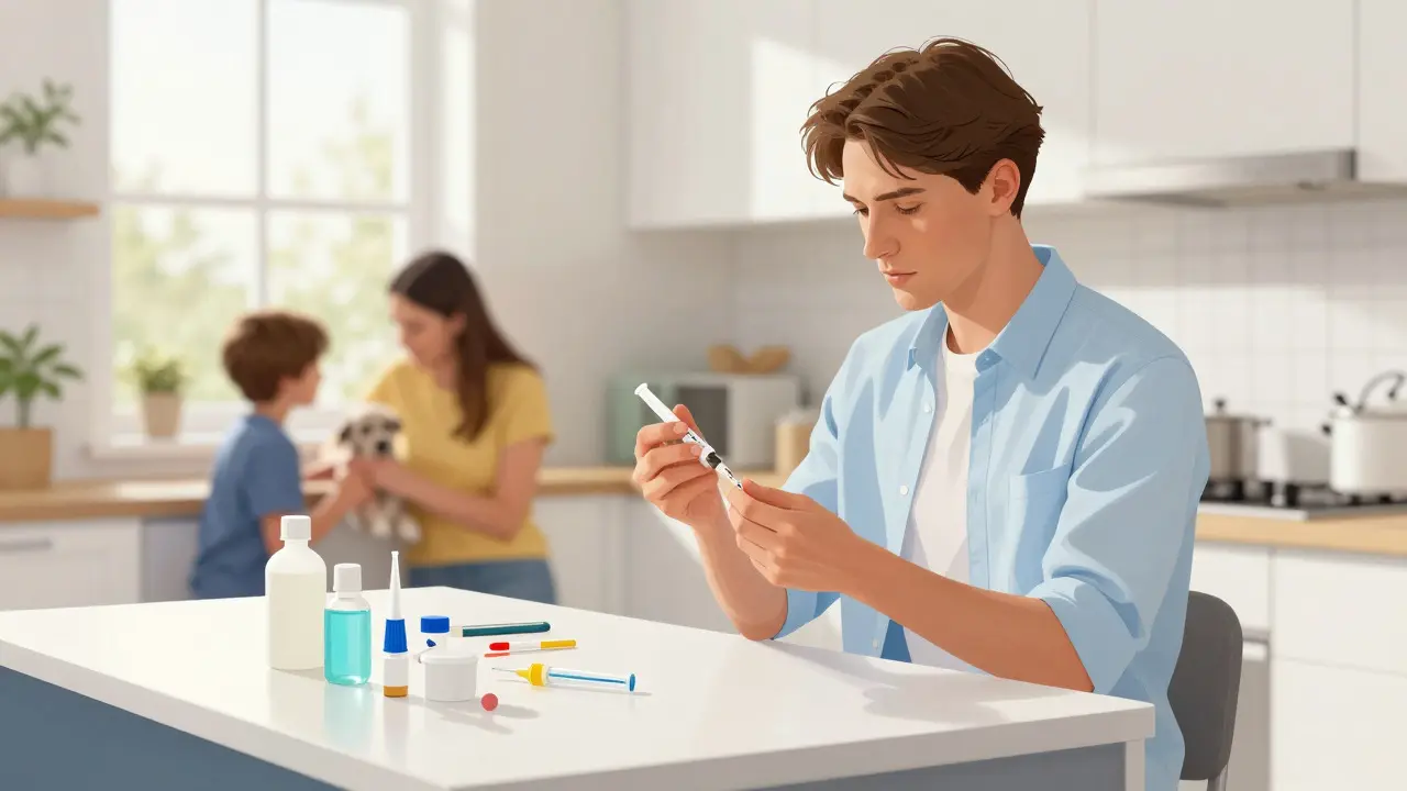Person calmly preparing a self-injection at home