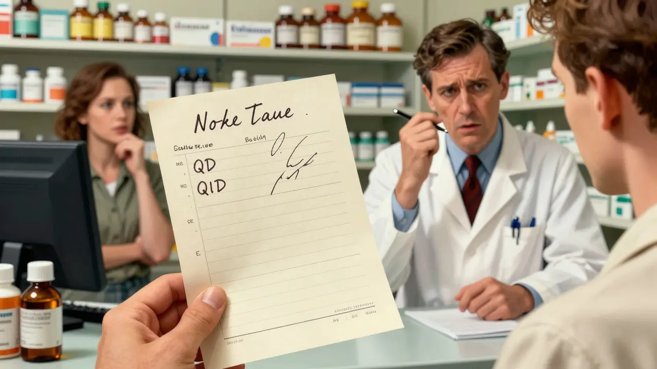 Pharmacist examining messy handwritten prescription