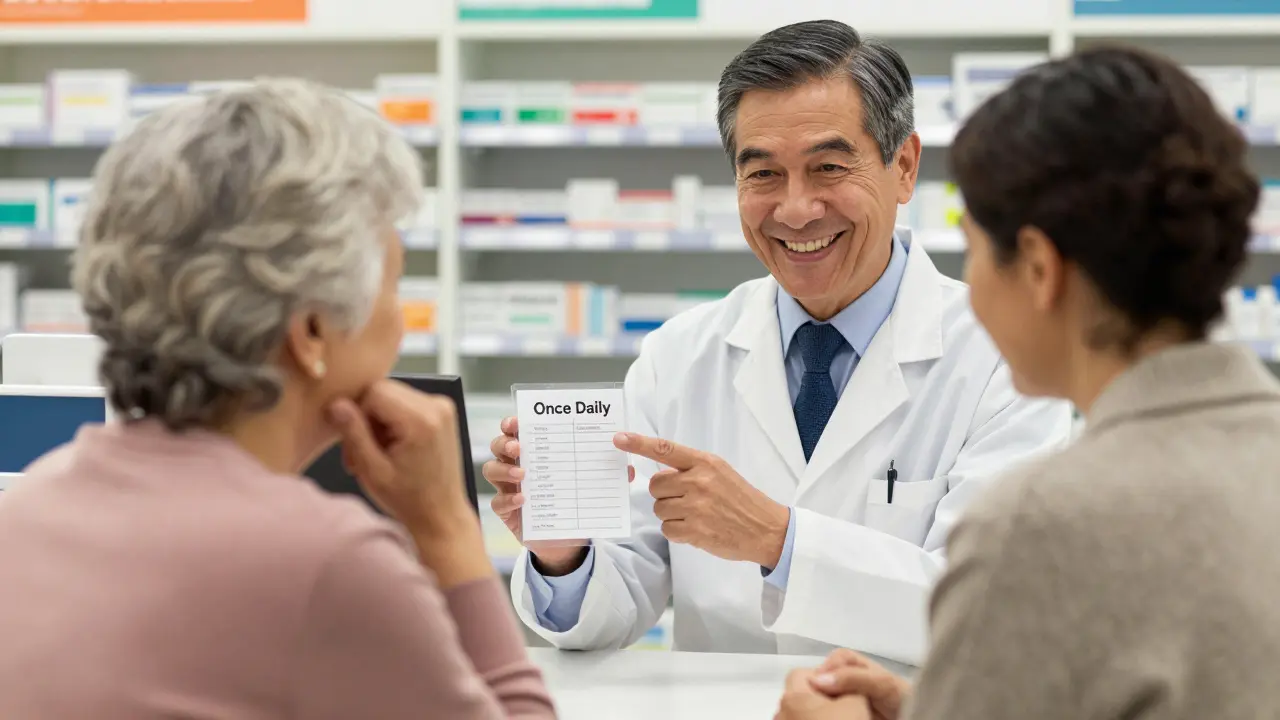 Pharmacist explaining clear daily dosage to patient