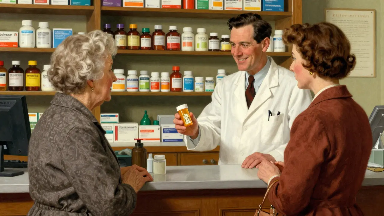Pharmacist handing a generic medication bottle to a skeptical customer.
