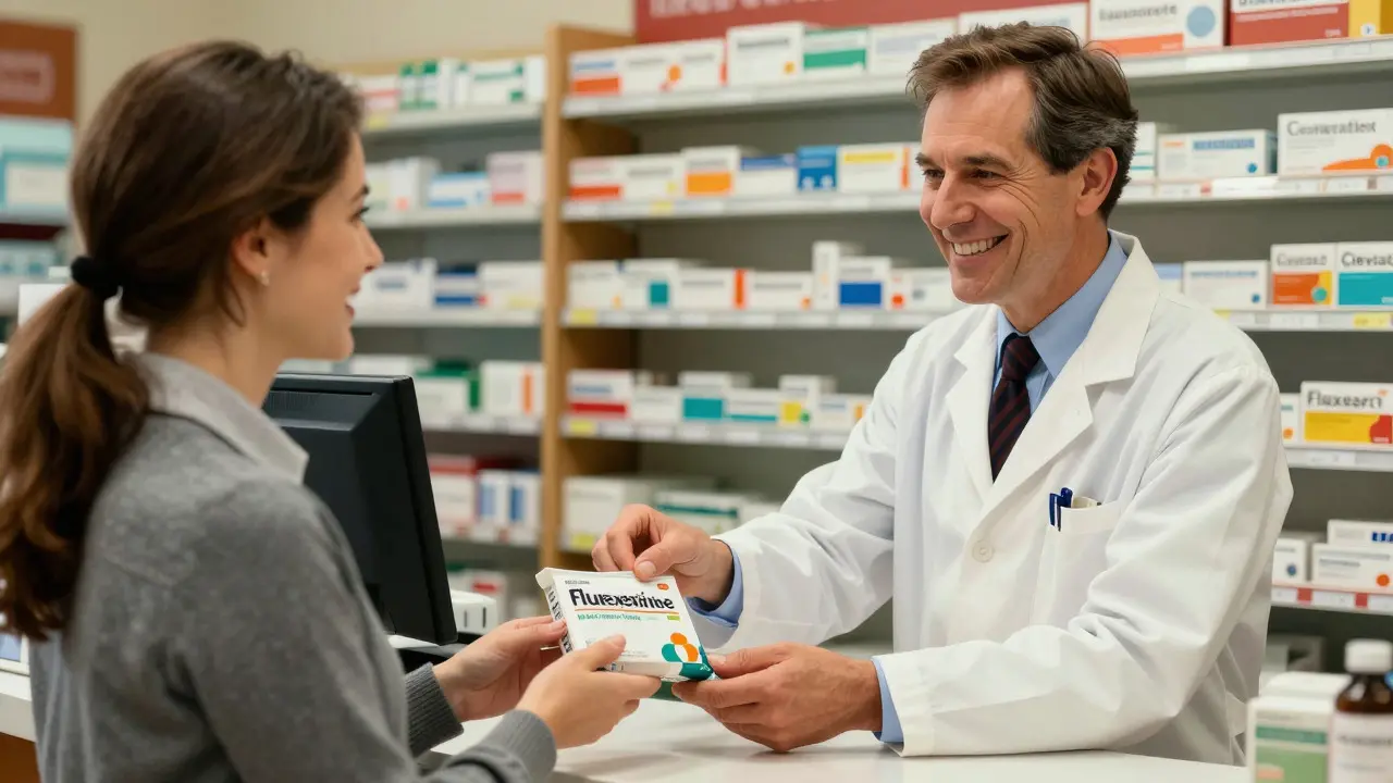 Pharmacist handing generic fluoxetine to a smiling customer
