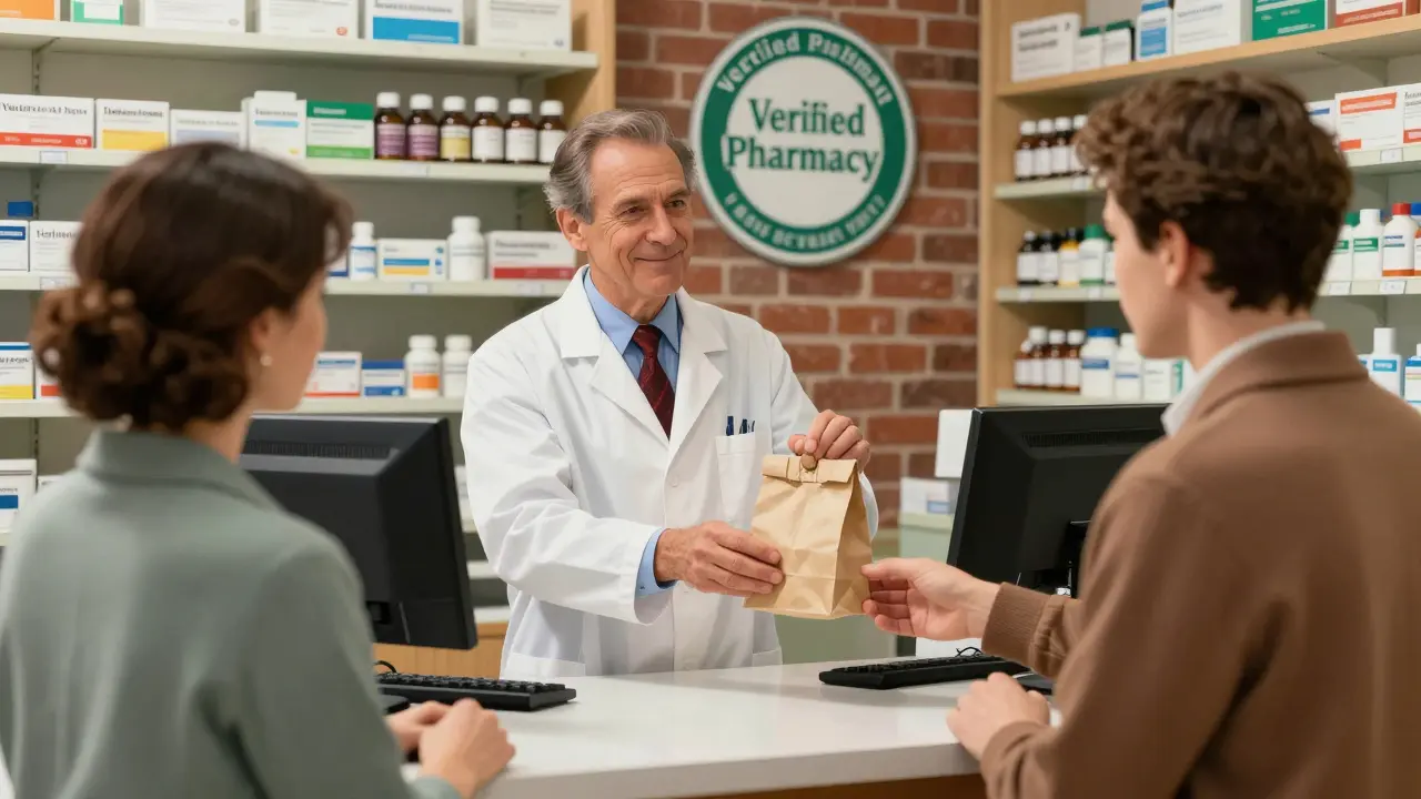 Pharmacist handing medication to customer in trusted pharmacy