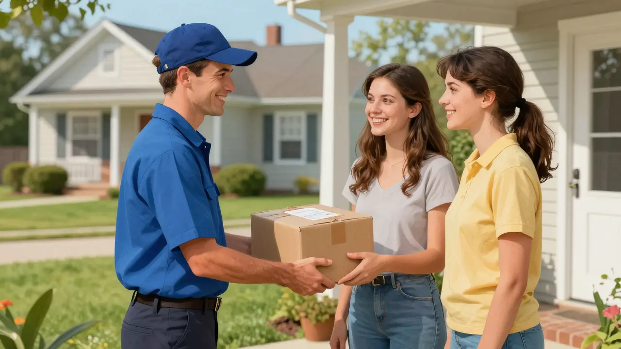 Postal worker delivering a medication package to a happy couple