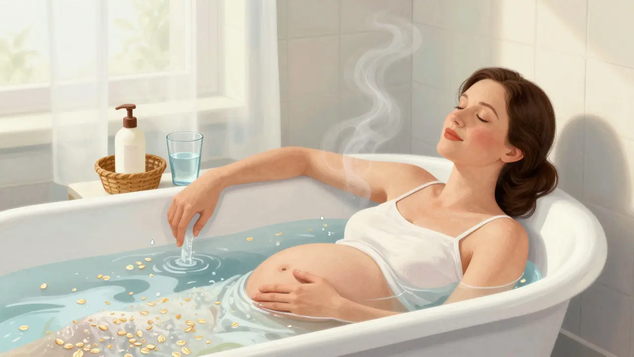 Pregnant woman relaxing in oatmeal bath for itch relief