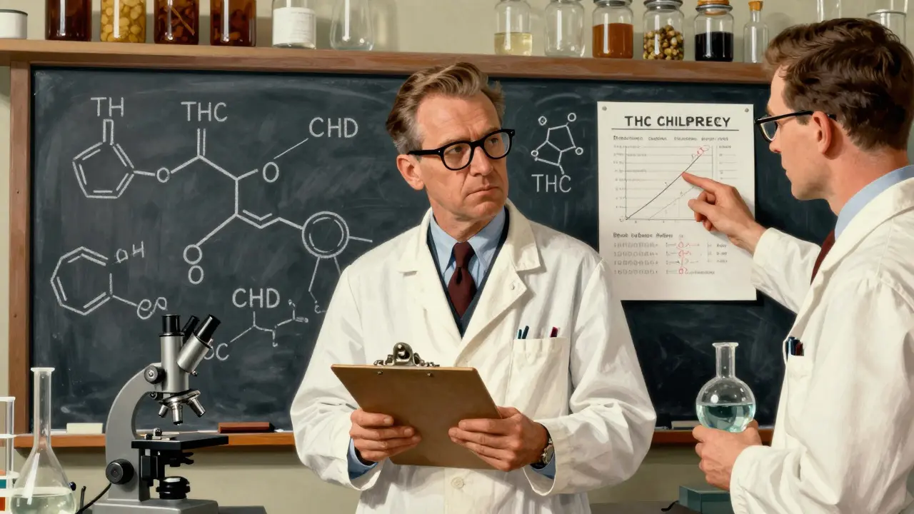 Scientists analyzing chemical compounds THC and CBD in a vintage laboratory setting