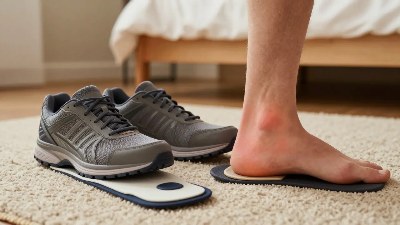 Supportive shoes and night splint displayed for heel pain treatment