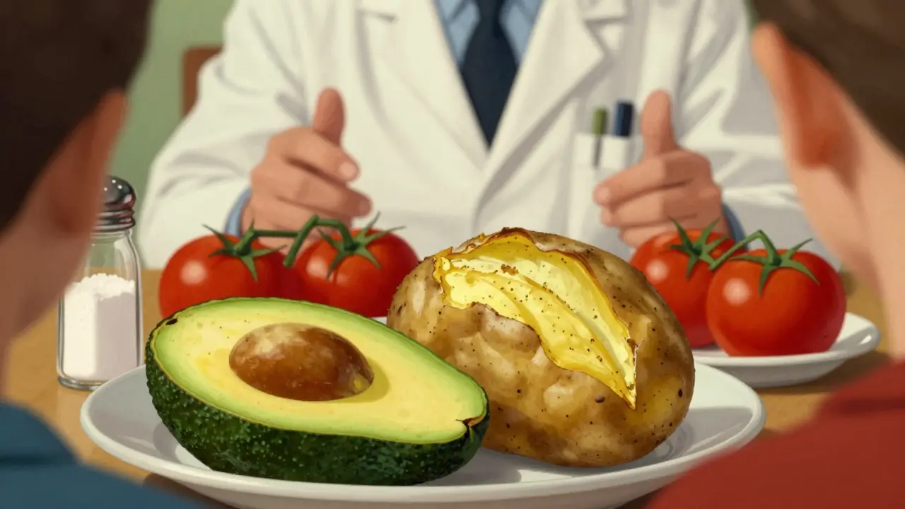 Table with high-potassium foods like avocado and potatoes