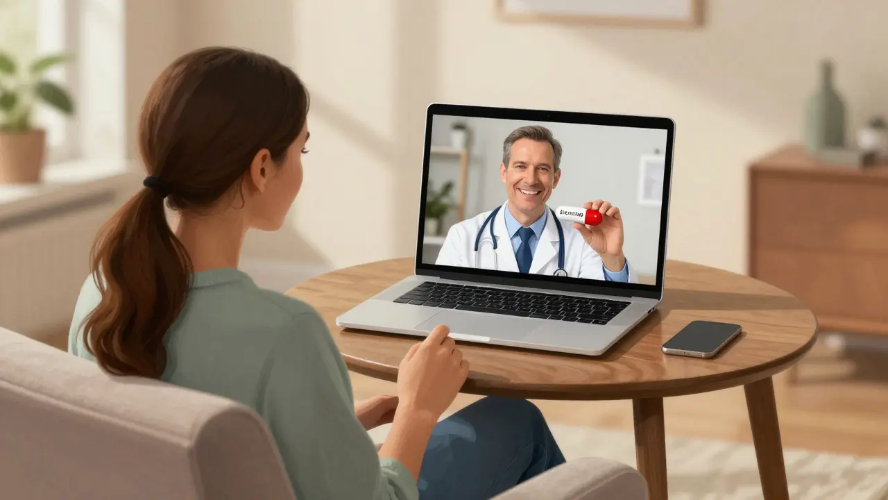 Telehealth video call with doctor discussing generic fluoxetine