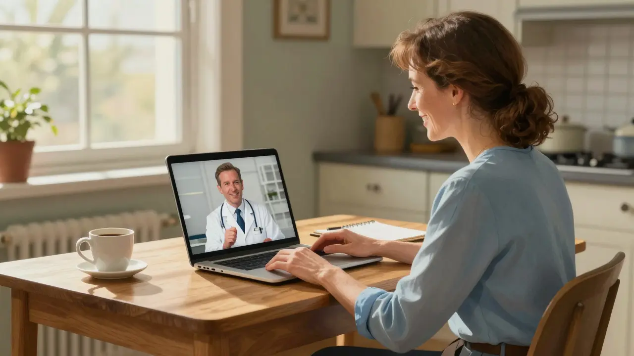 Woman having a video consultation with a doctor from her kitchen