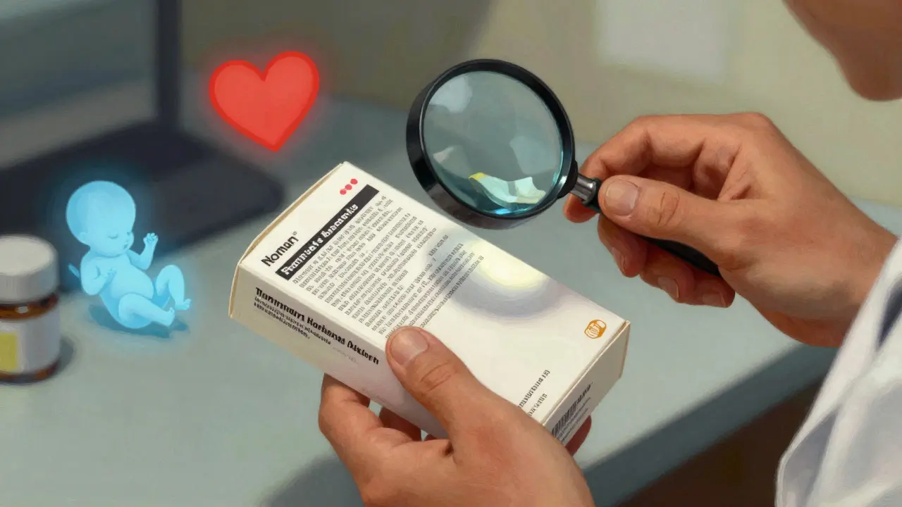 Doctor examining a medication label closely with a magnifying glass