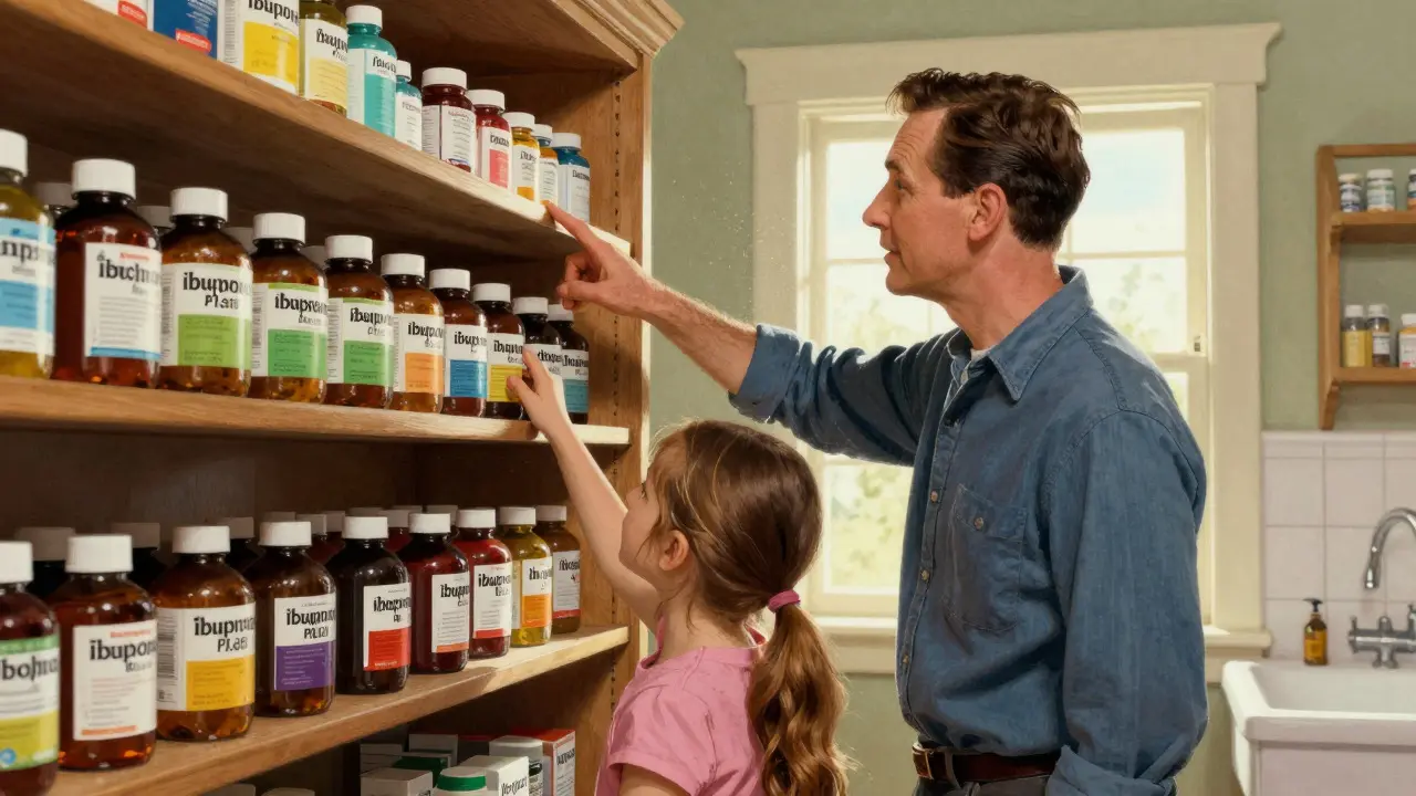 Family organizing medicine storage in a cool, dry pantry