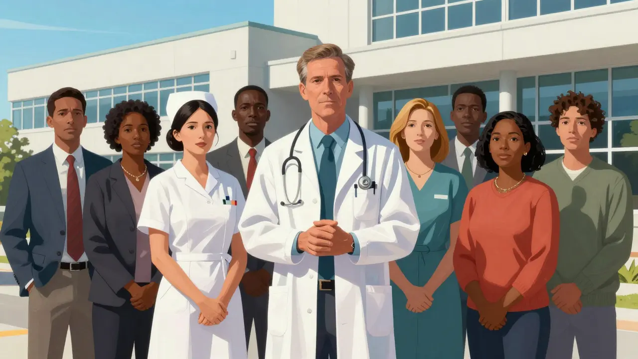 Group of healthcare workers and patients outside hospital