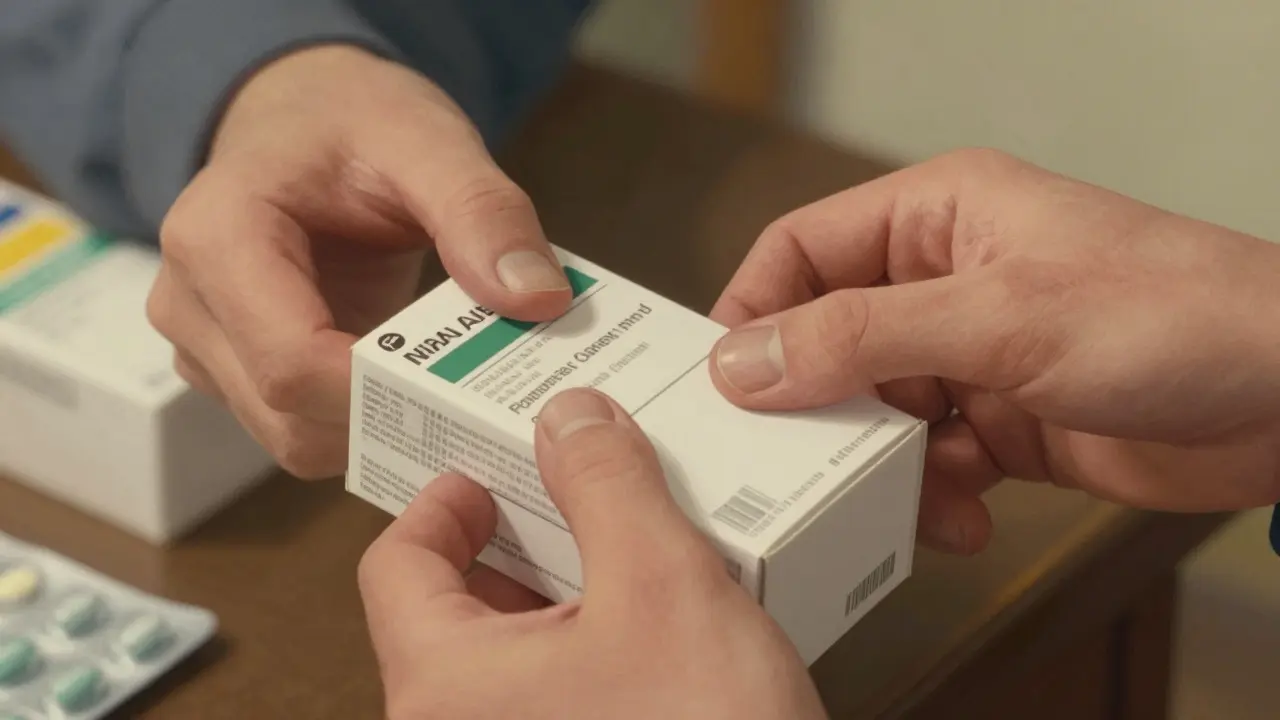 Hands inspecting online medication package for safety
