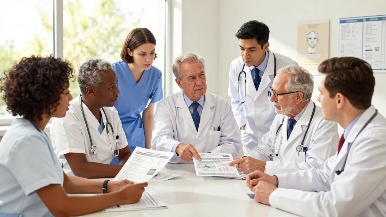 Healthcare team discussing patient safety goals in a meeting