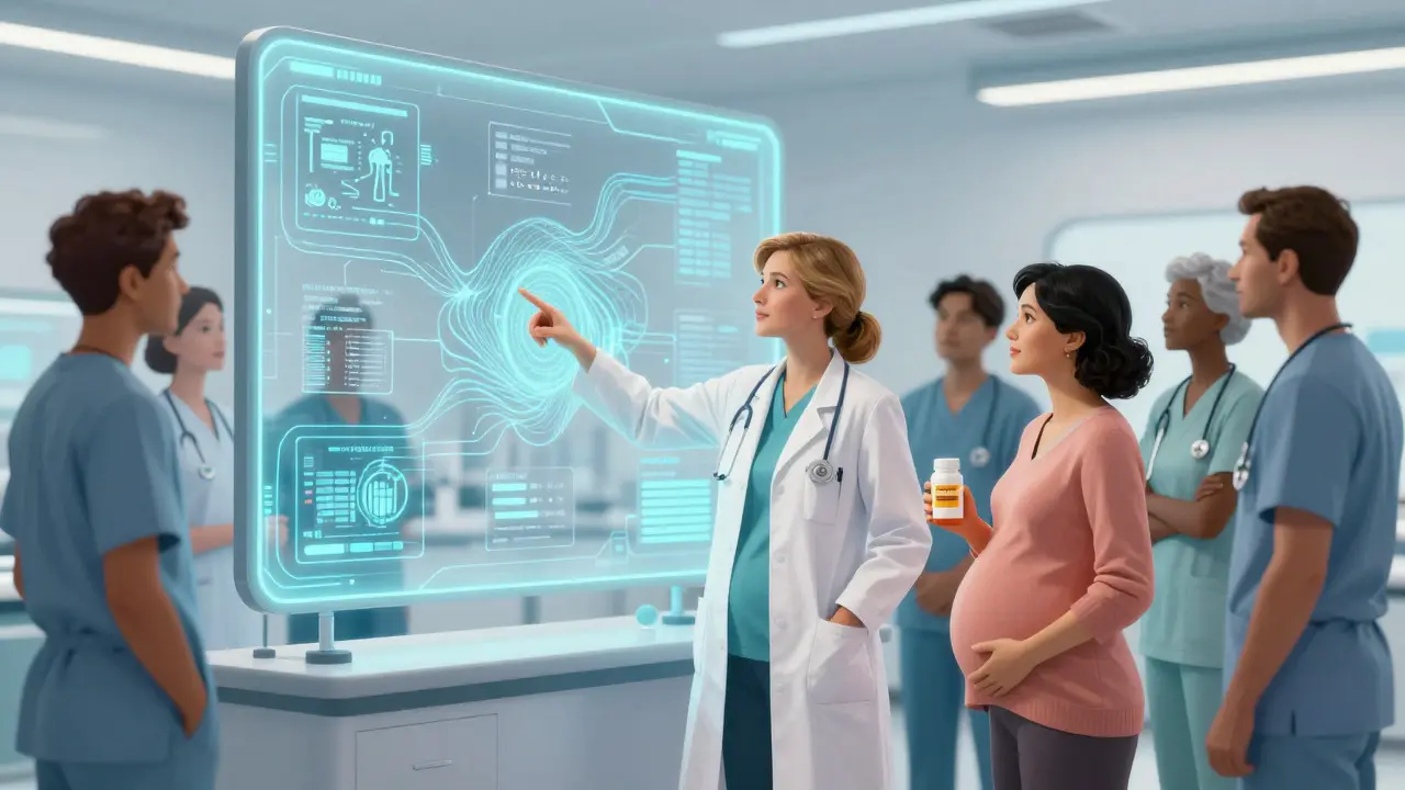 Healthcare team reviewing digital data visualization in a modern clinic