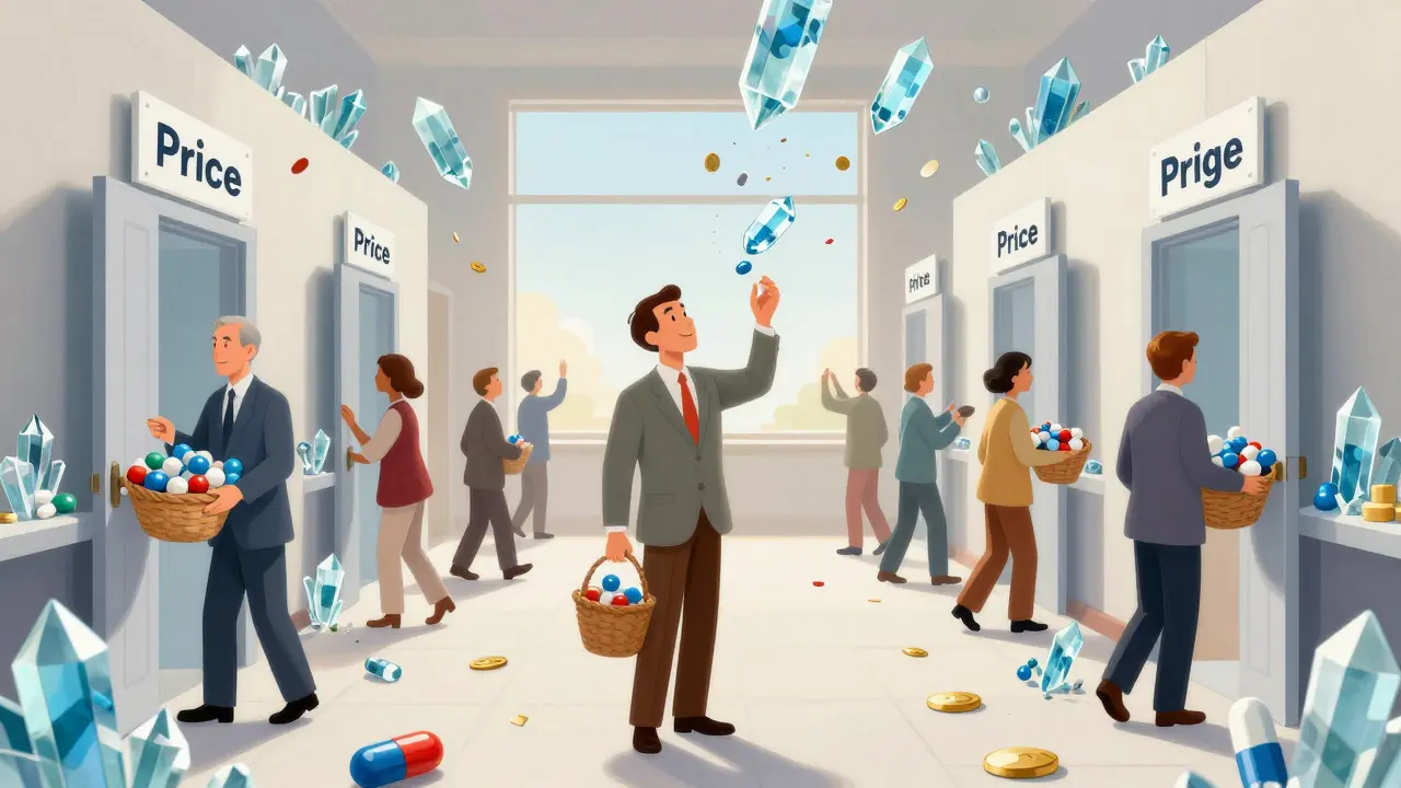 Illustration in Rockwell style depicting multiple manufacturers entering a market, causing generic drug prices to drop.