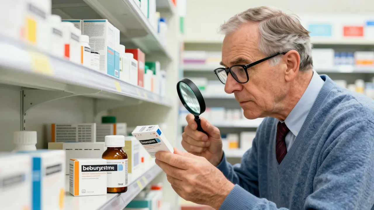 Man inspecting medication packaging for authenticity and safety