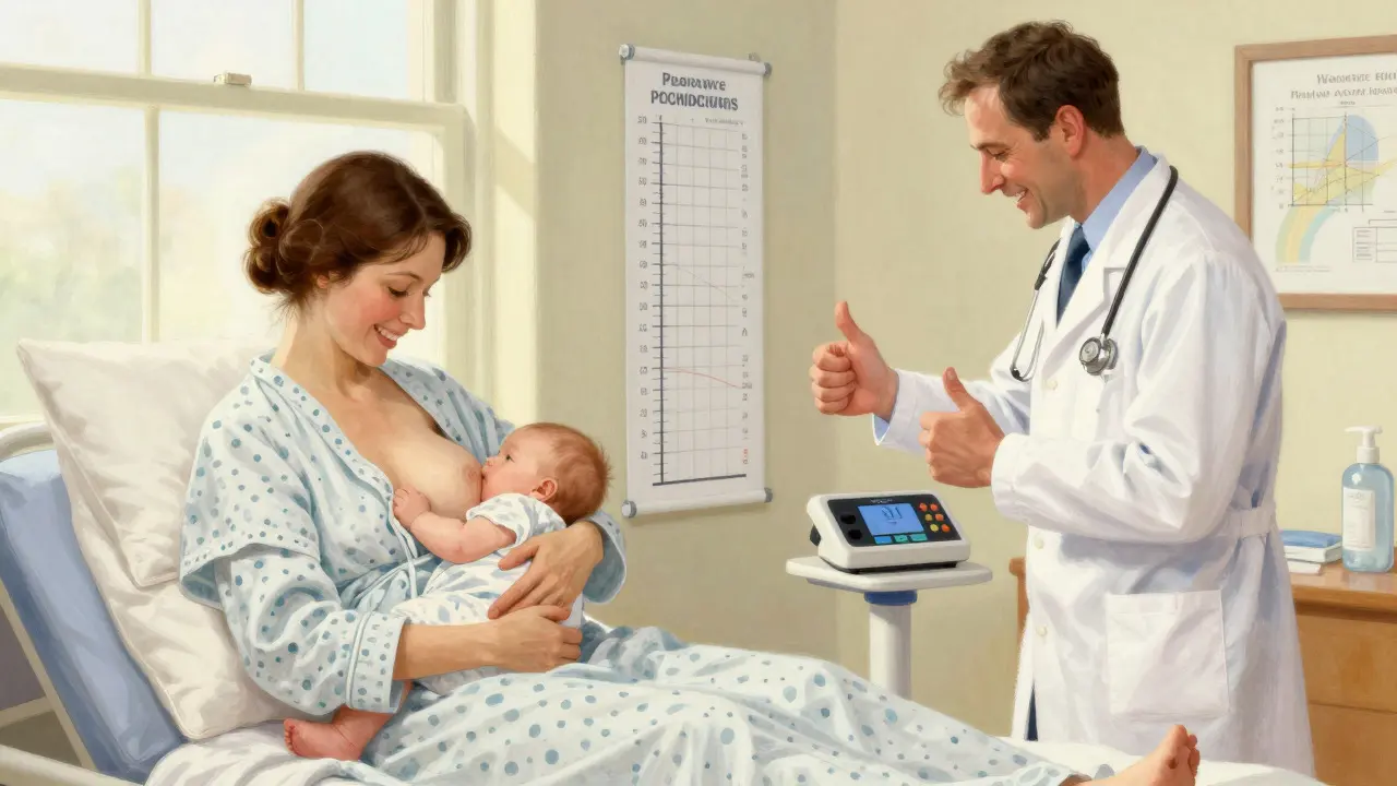 New mother breastfeeding safely while pediatrician monitors baby