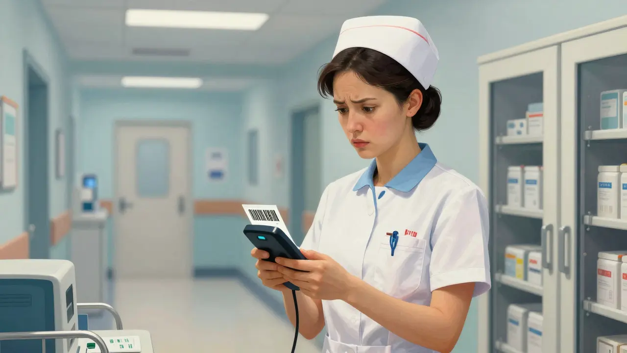 Nurse scanning a barcode on medication in a hospital corridor