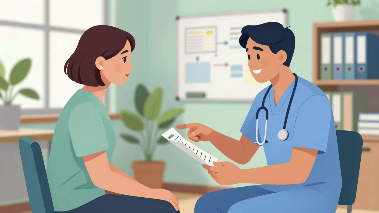 Patient consulting with financial navigator in office