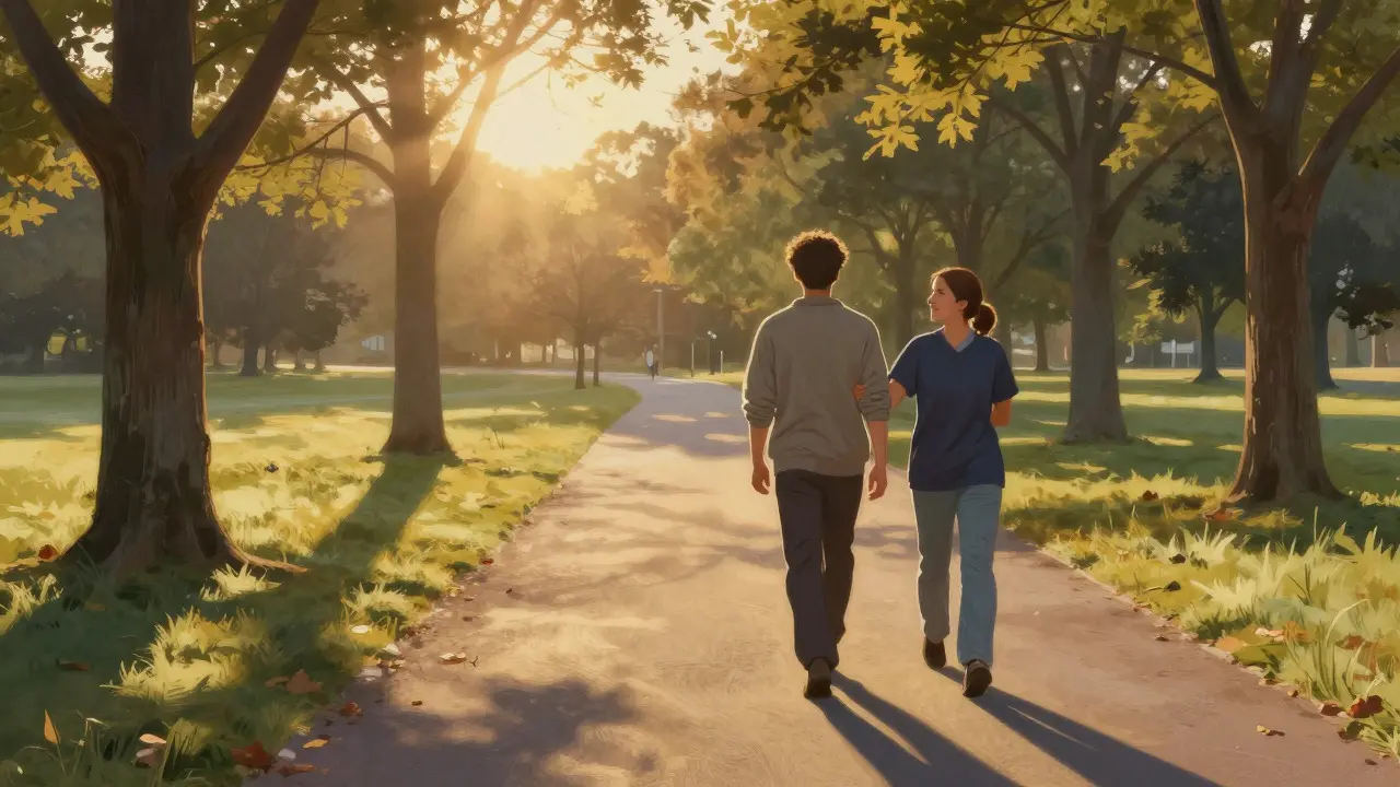 Person walking gently in park with support during recovery