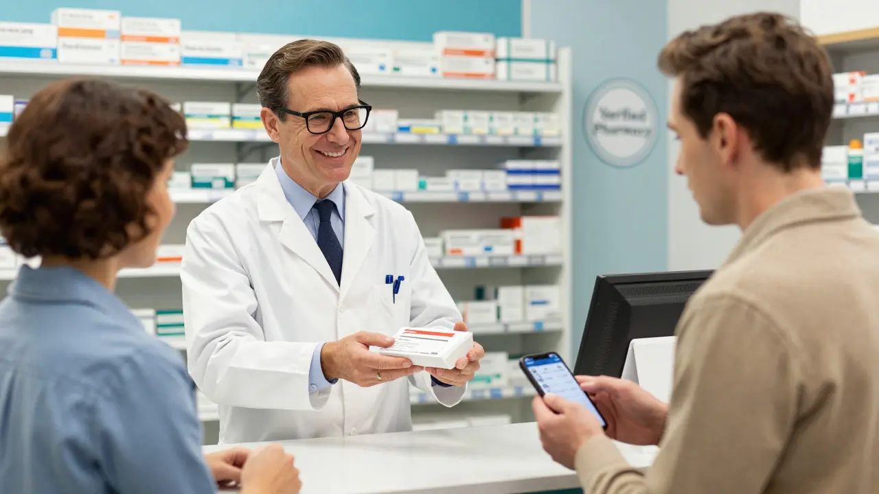 Pharmacist handing medication to a happy customer using a discount coupon