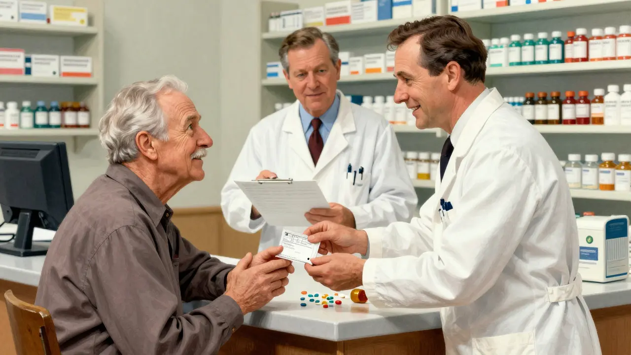 Pharmacist handing medication to a relieved patient at a hospital counter