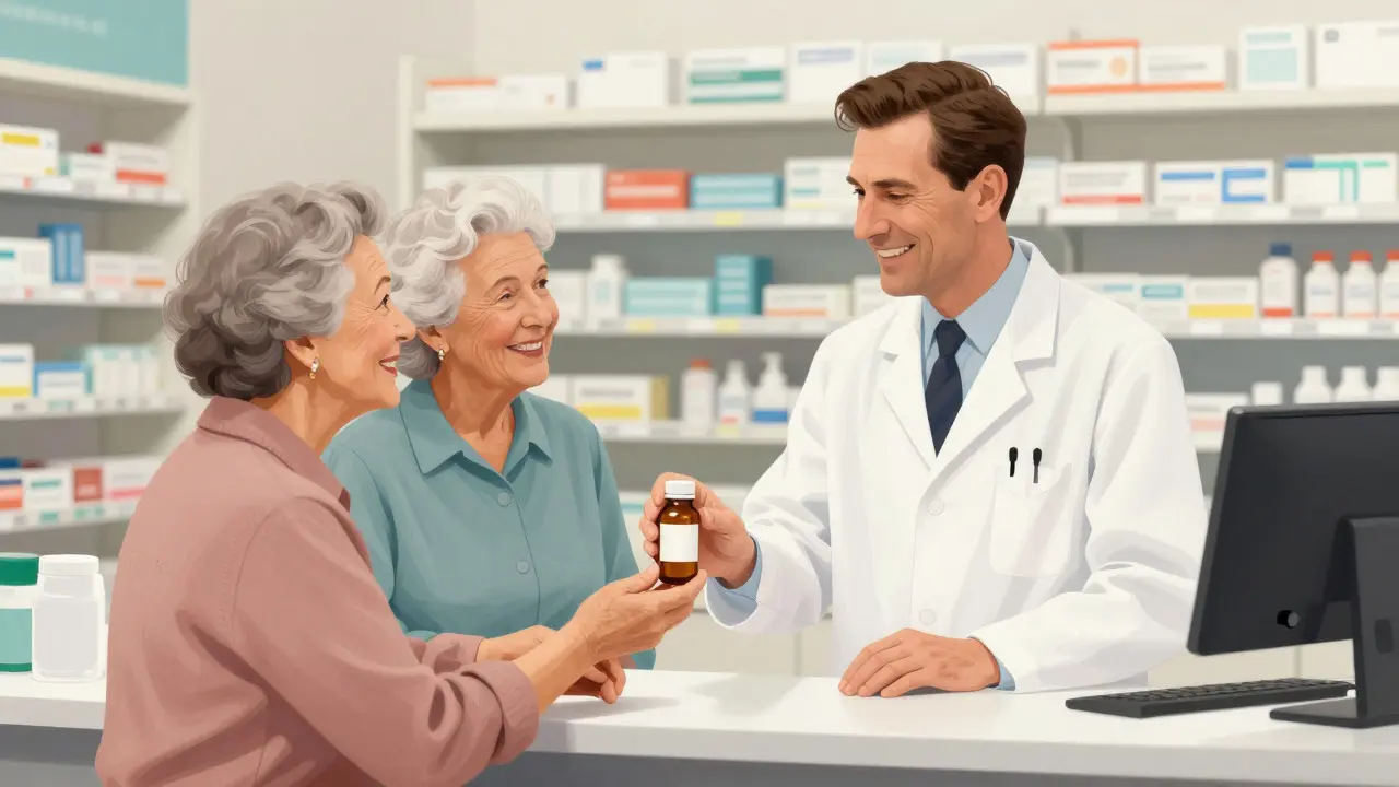 Pharmacist handing medicine to a grateful elderly couple at a counter