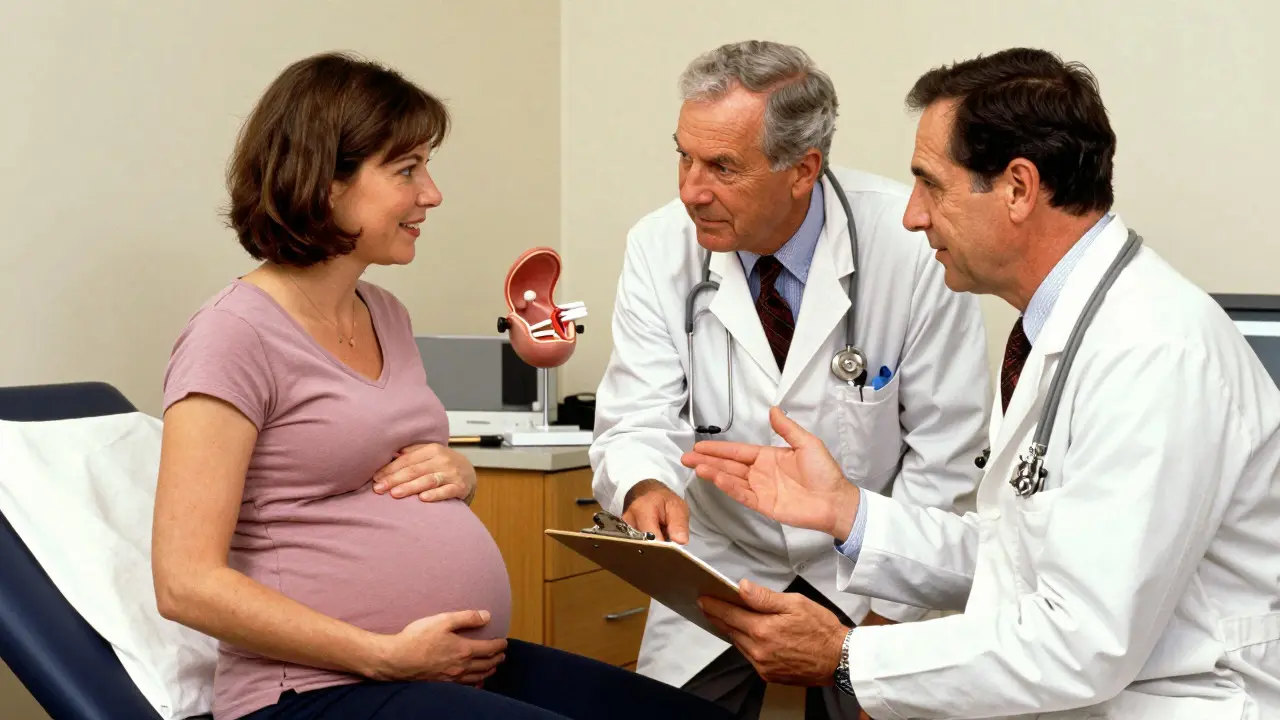 Pregnant woman consulting with doctors about IBD treatment plans